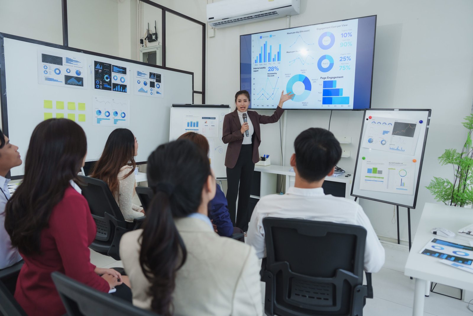 Business team engaged in data presentation with charts and graphs