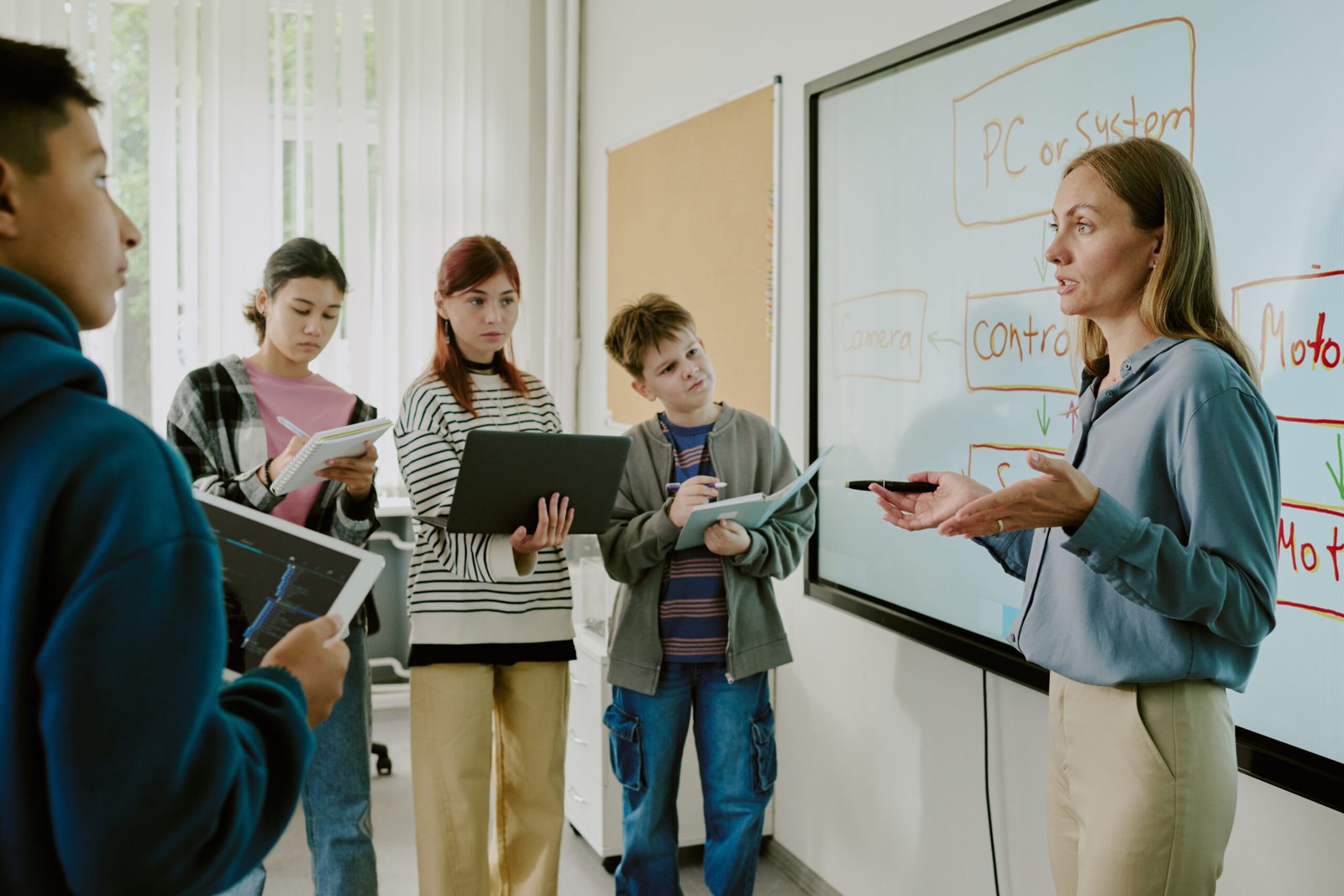 Side view shot of female computer science teacher talking to students while they listening to her and taking notes